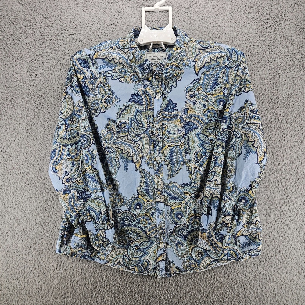 Charter Club Shirt Shop Womens 10P Blue Paisley Cotton Relaxed Fit Blouse